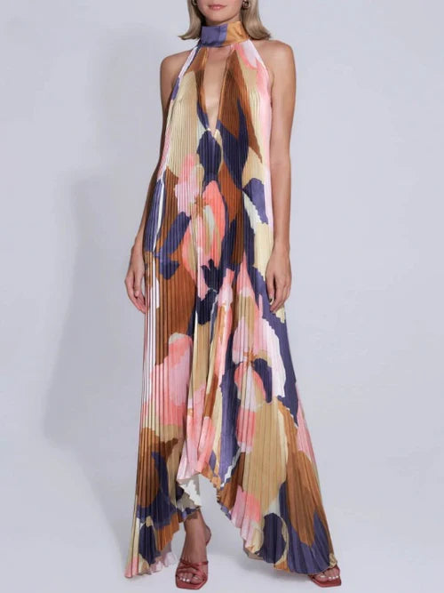 Mirelda – Abito lungo con scollo all'americana, stampa astratta e pieghe