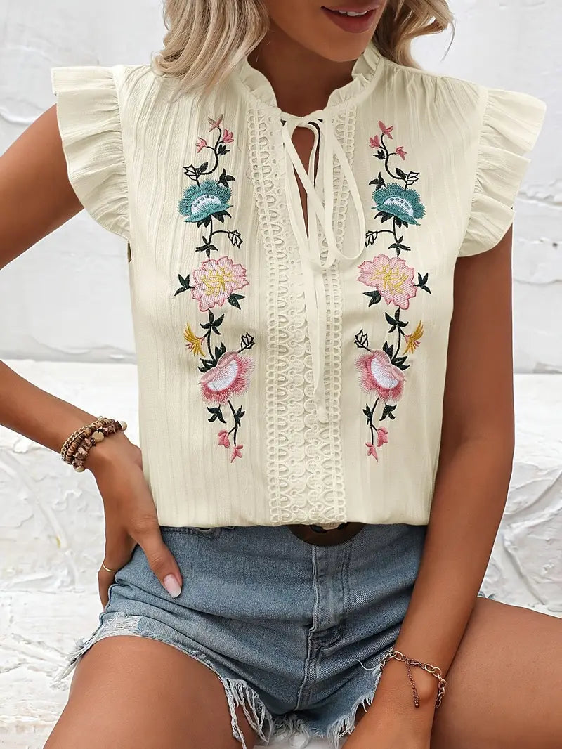 Elysia – Camicetta vintage con maniche a volant ricamate