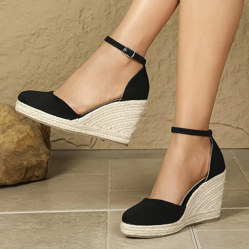 Hanalyn – Espadrillas in pelle scamosciata con cinturino alla caviglia e tacco a zeppa