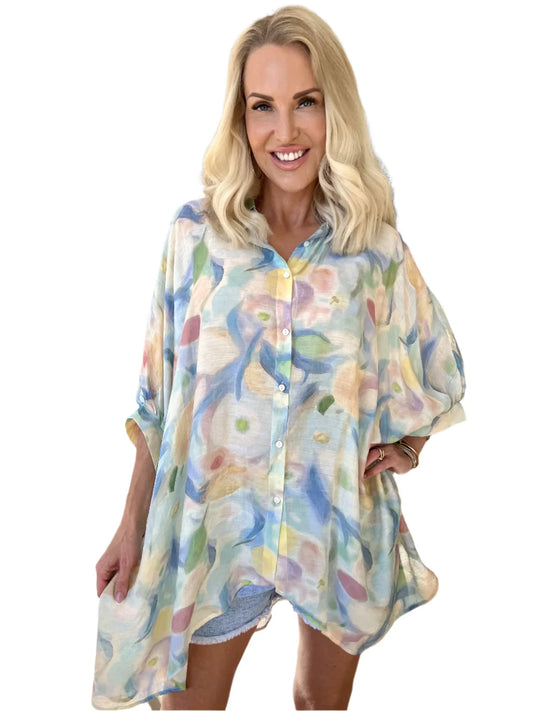 Lioraelle – Camicia oversize con stampa acquerello pastello