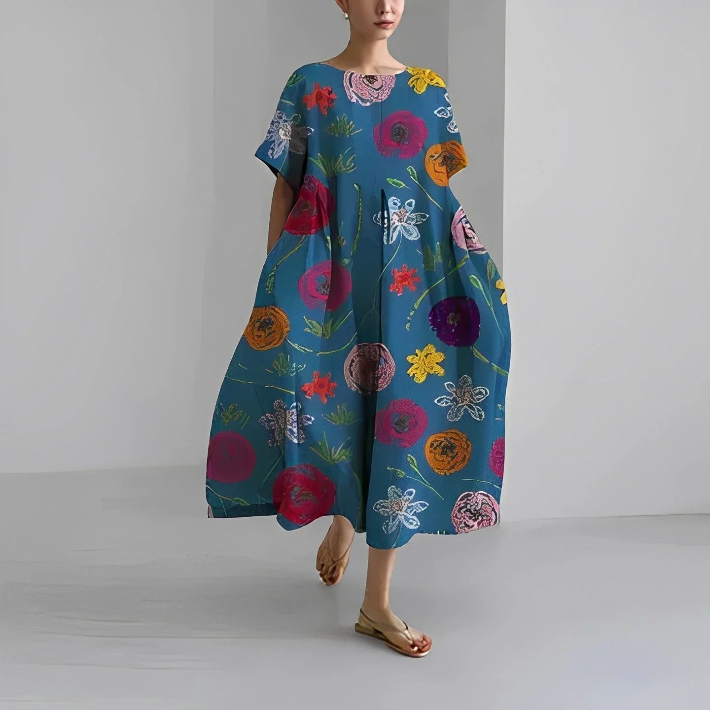 Akio – Abito lungo oversize in cotone a fiori