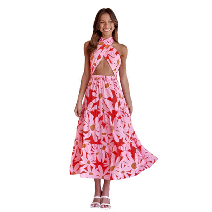 Romina – Abito lungo con scollo all'americana e ritaglio floreale