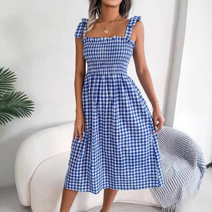 Gingham Smocked Bodice Midi Dress | Tie Strap A-Line Fit