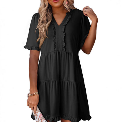Women's A-Line V-Neck Ruffle Trim Dress Tiered Hem