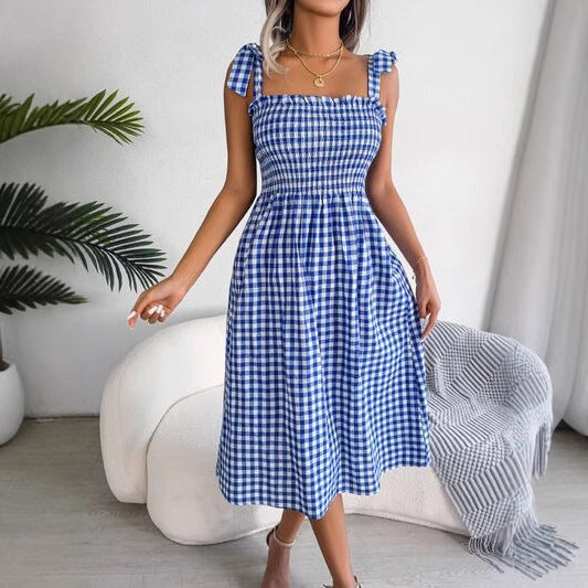 Gingham Smocked Bodice Midi Dress | Tie Strap A-Line Fit