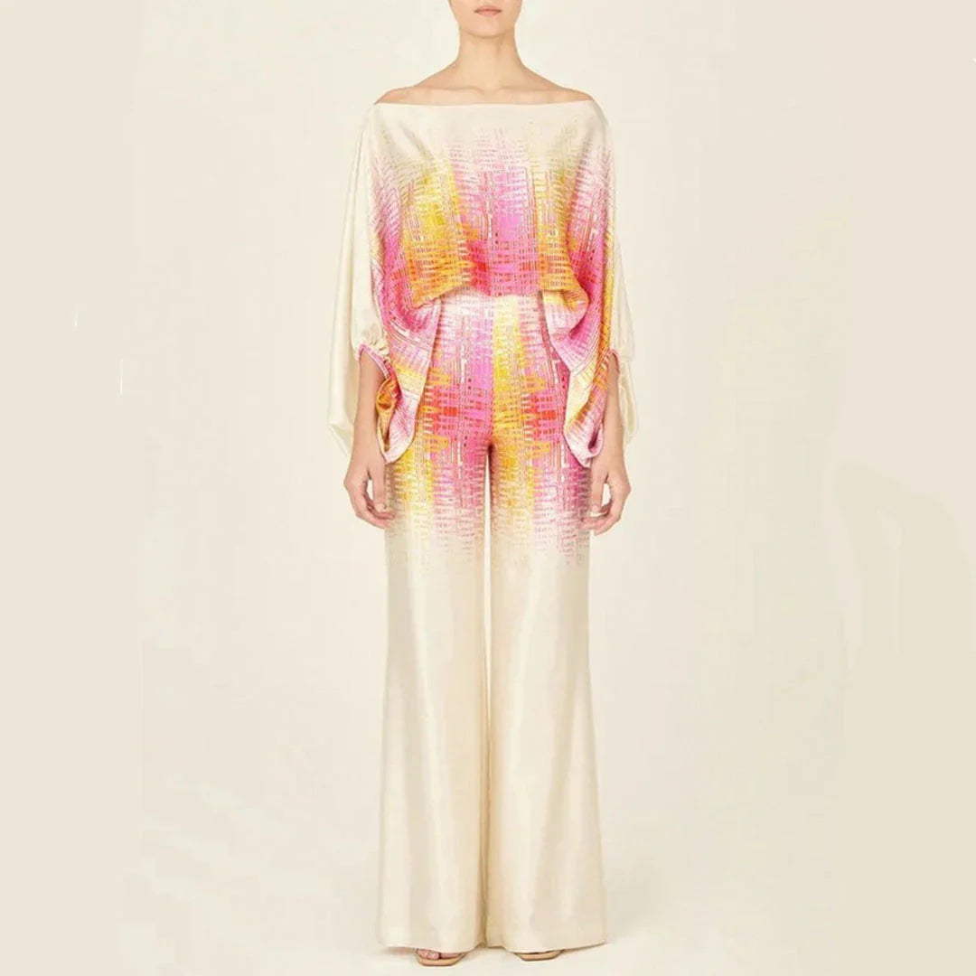 Irene – Elegante completo due pezzi stampato con spalle scoperte