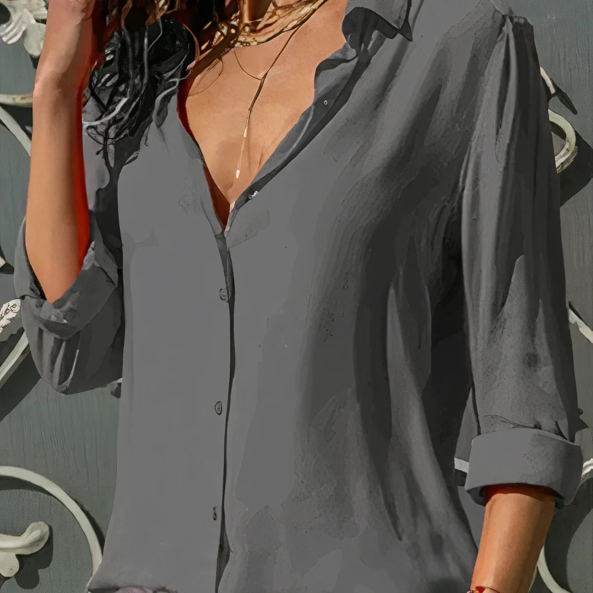 Brienna – Camicetta classica con scollo a V e abbottonatura