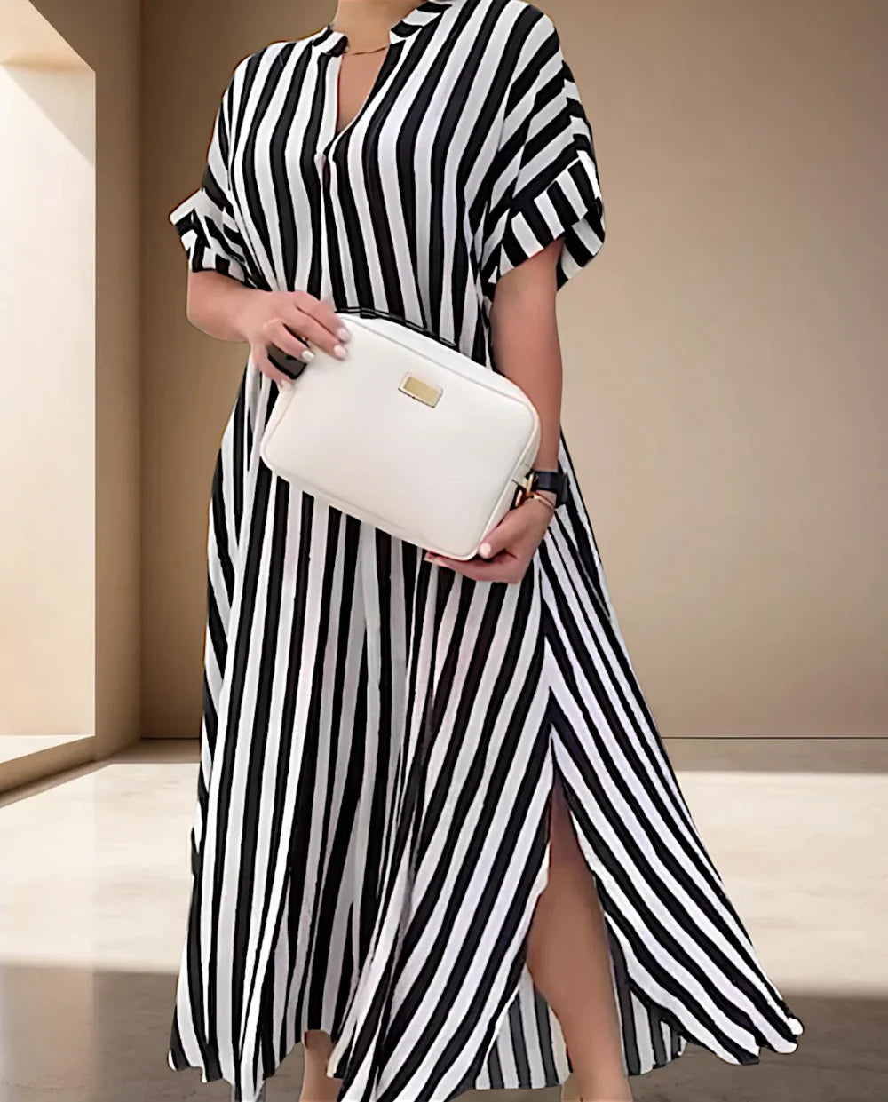 Naevanya – Maxi abito a righe con maniche a volant