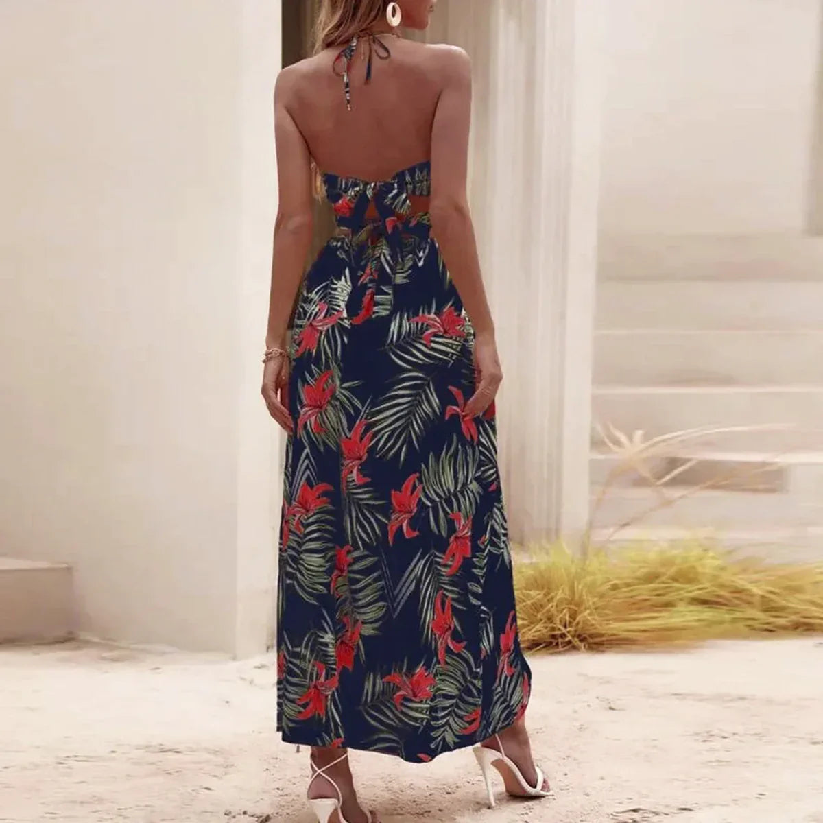 Benigna – Abito lungo tropicale con scollo all'americana