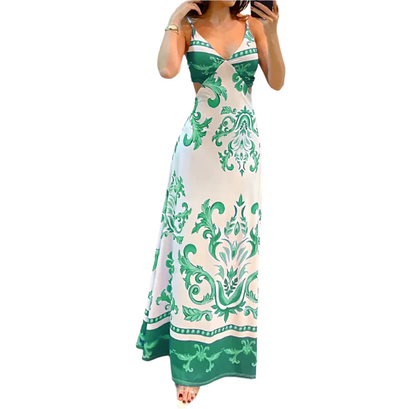 Sorimae – Abito lungo barocco verde smeraldo con spalline sottili