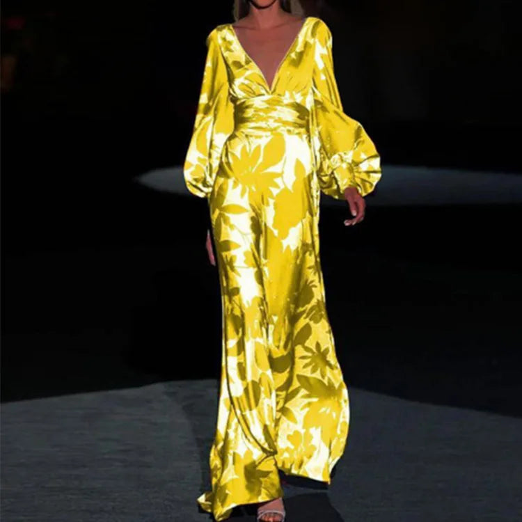 Mattea – Abito lungo in raso con stampa tropicale