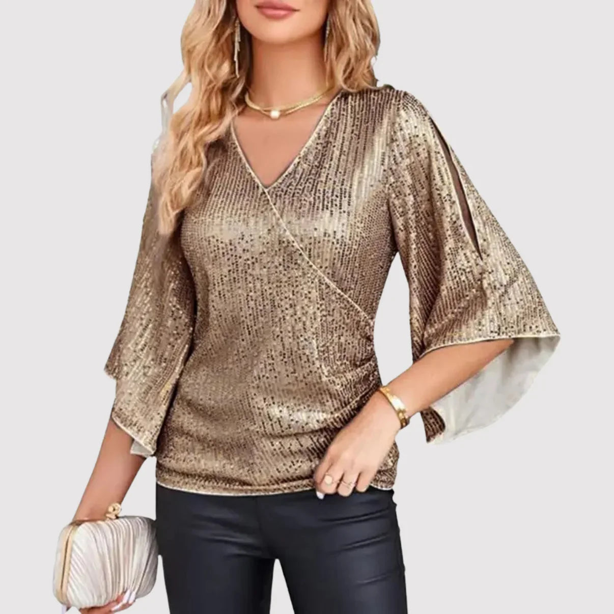 Oryza – Blusa elegante in paillettes con maniche svolazzanti