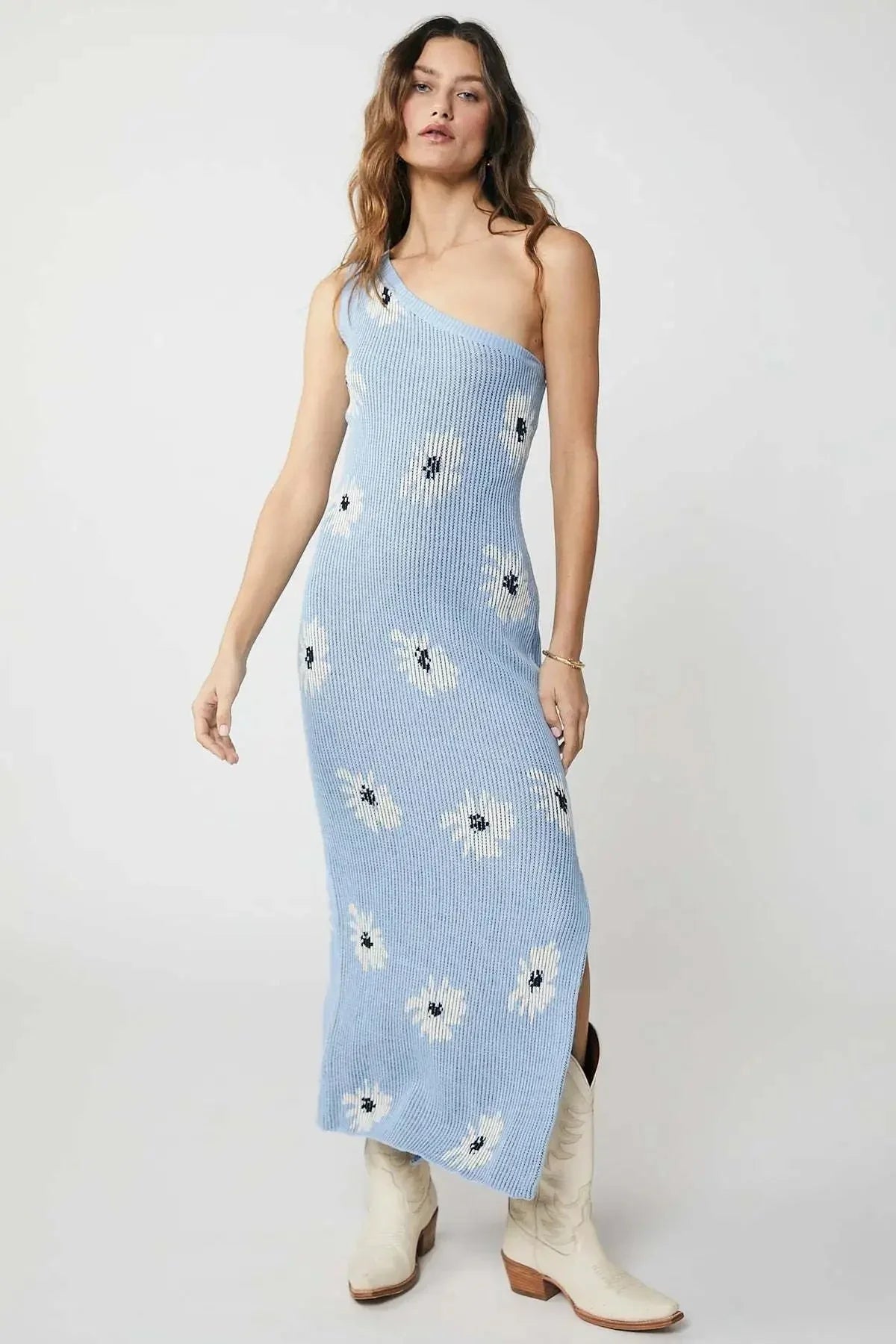 Frelika – Abito midi monospalla in maglia floreale