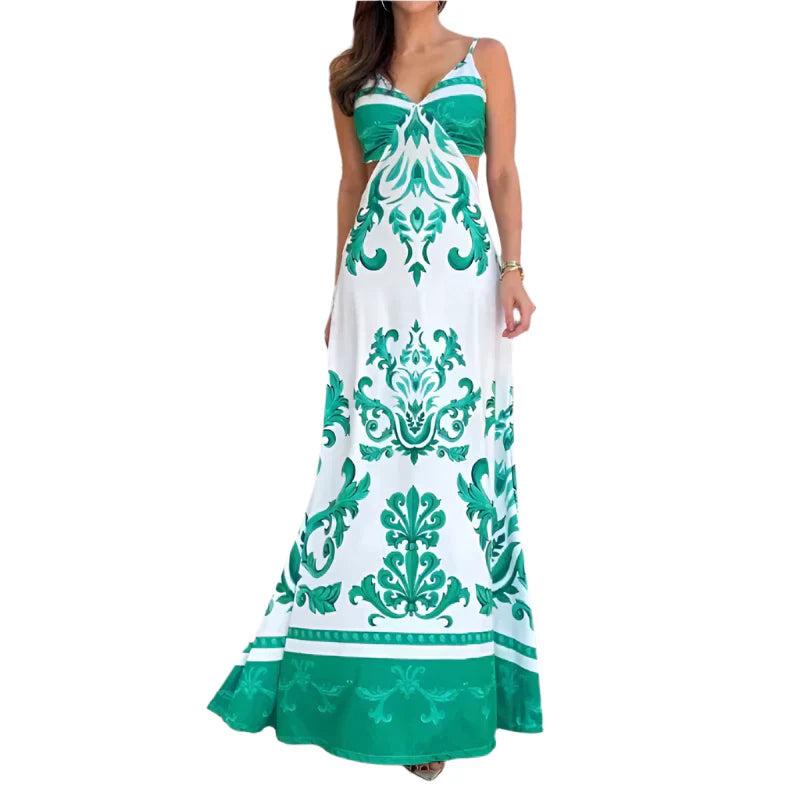 Sorimae – Abito lungo barocco verde smeraldo con spalline sottili