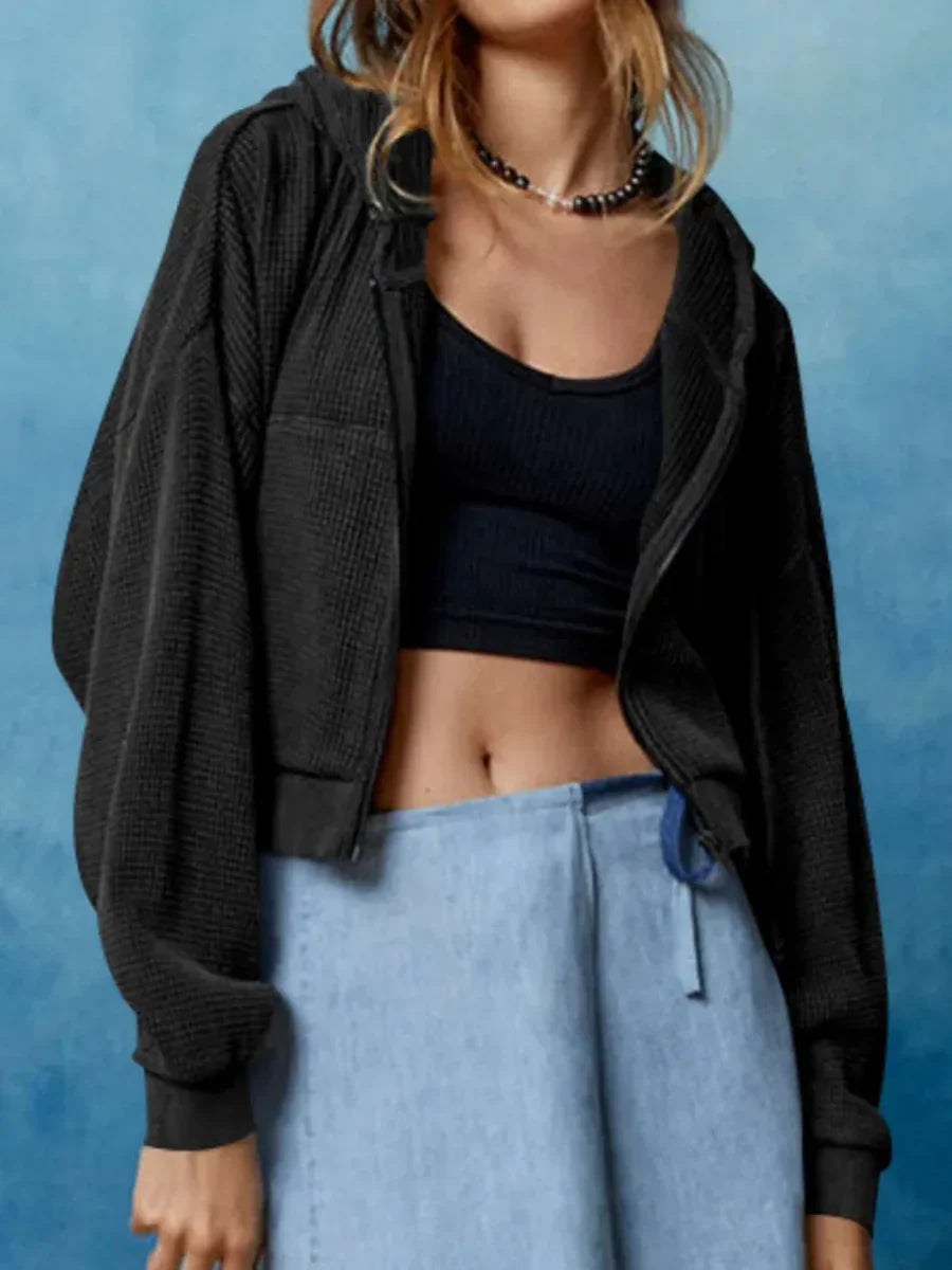 Lunessa – Felpa corta con cappuccio e cerniera in maglia a nido d'ape