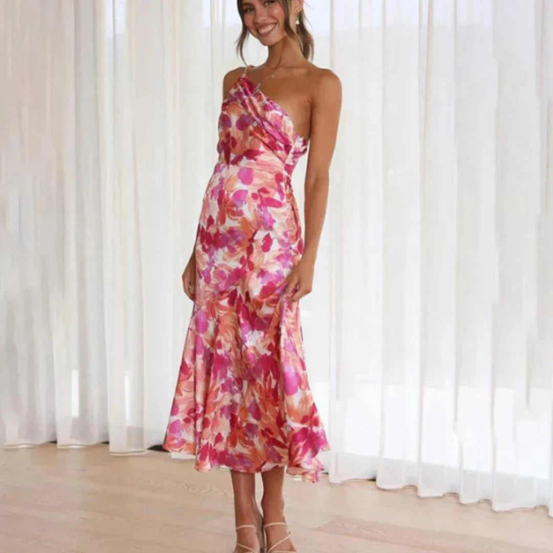 Selvita – Abito midi monospalla in raso floreale