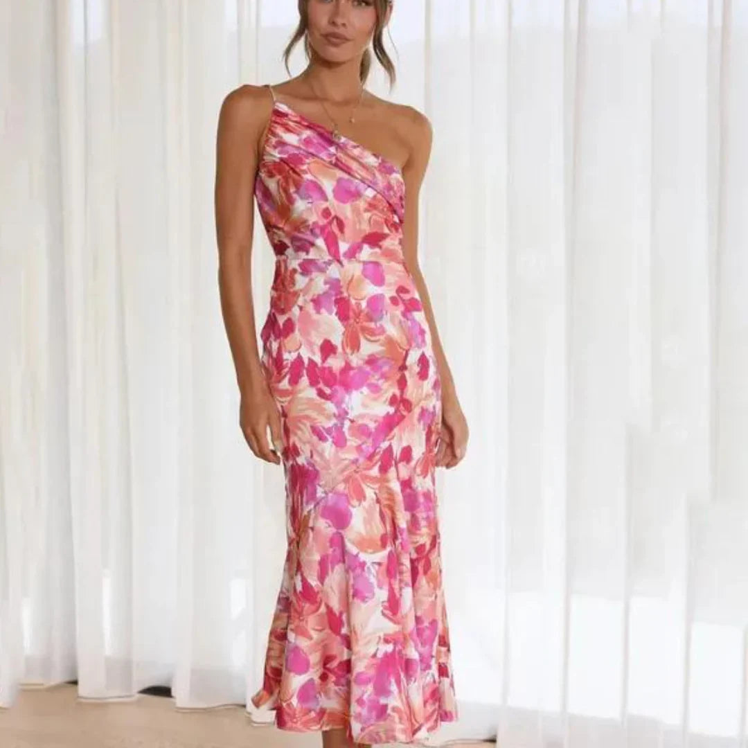 Selvita – Abito midi monospalla in raso floreale