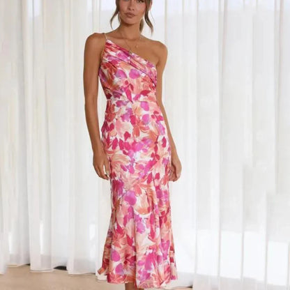 Selvita – Abito midi monospalla in raso floreale