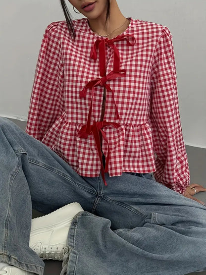 Liora - Camicetta vintage a quadri con maniche lunghe