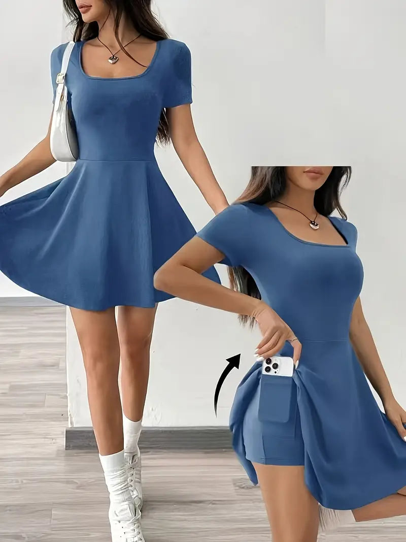 Gudrun – Elegante abito skater con pantaloncini e tasca integrati