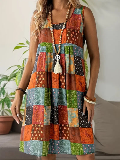 Lenivelle – Abito scampanato senza maniche patchwork Boho