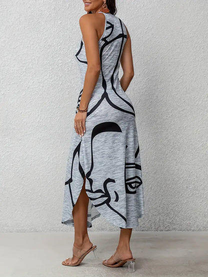 Zaria – Maxi abito senza maniche con stampa di volti astratti