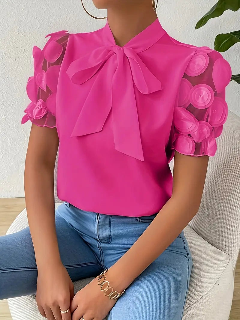 Iscaria – Camicetta con elegante papillon e maniche a rete