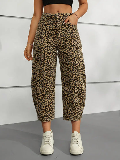 Vexalyn - Pantaloni in denim di cotone con stampa leopardata