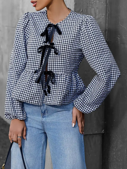 Liora - Camicetta vintage a quadri con maniche lunghe