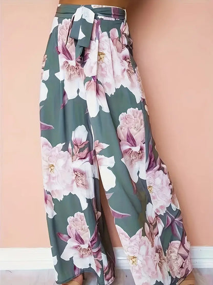 Aisling – Pantaloni palazzo a gamba larga con vita alta e stampa floreale e cintura annodabile