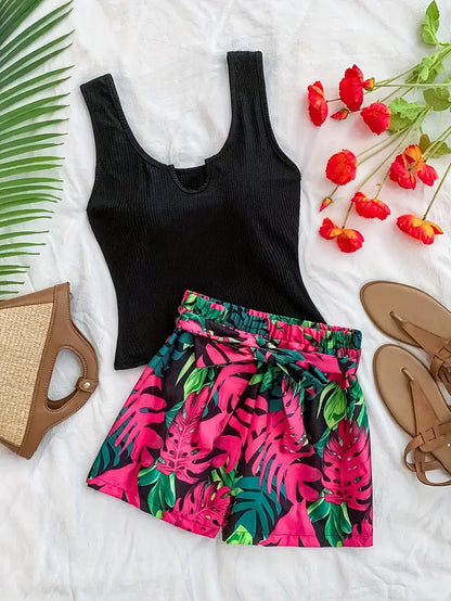 Elkie – Set composto da canotta in cotone a coste e pantaloncini stampati