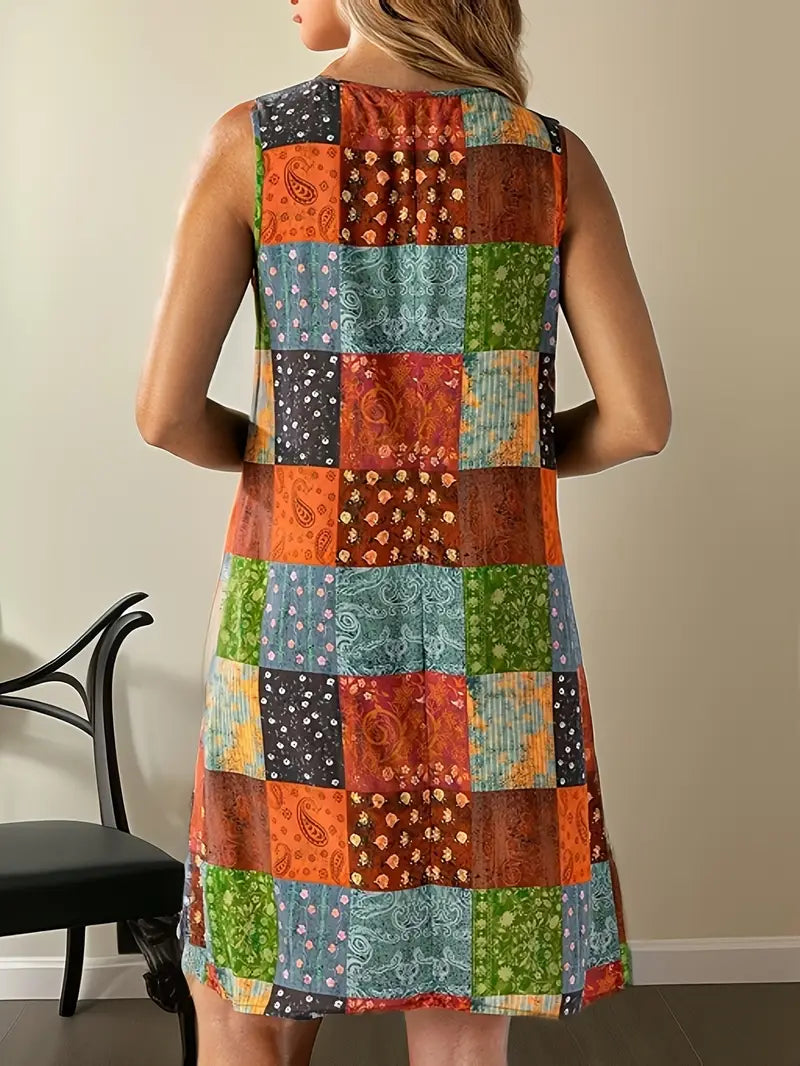 Lenivelle – Abito scampanato senza maniche patchwork Boho