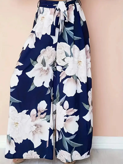 Aisling – Pantaloni palazzo a gamba larga con vita alta e stampa floreale e cintura annodabile
