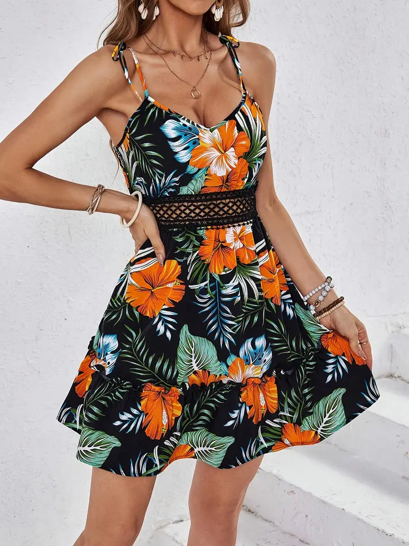 Ivella – Miniabito con stampa floreale tropicale con pizzo in vita