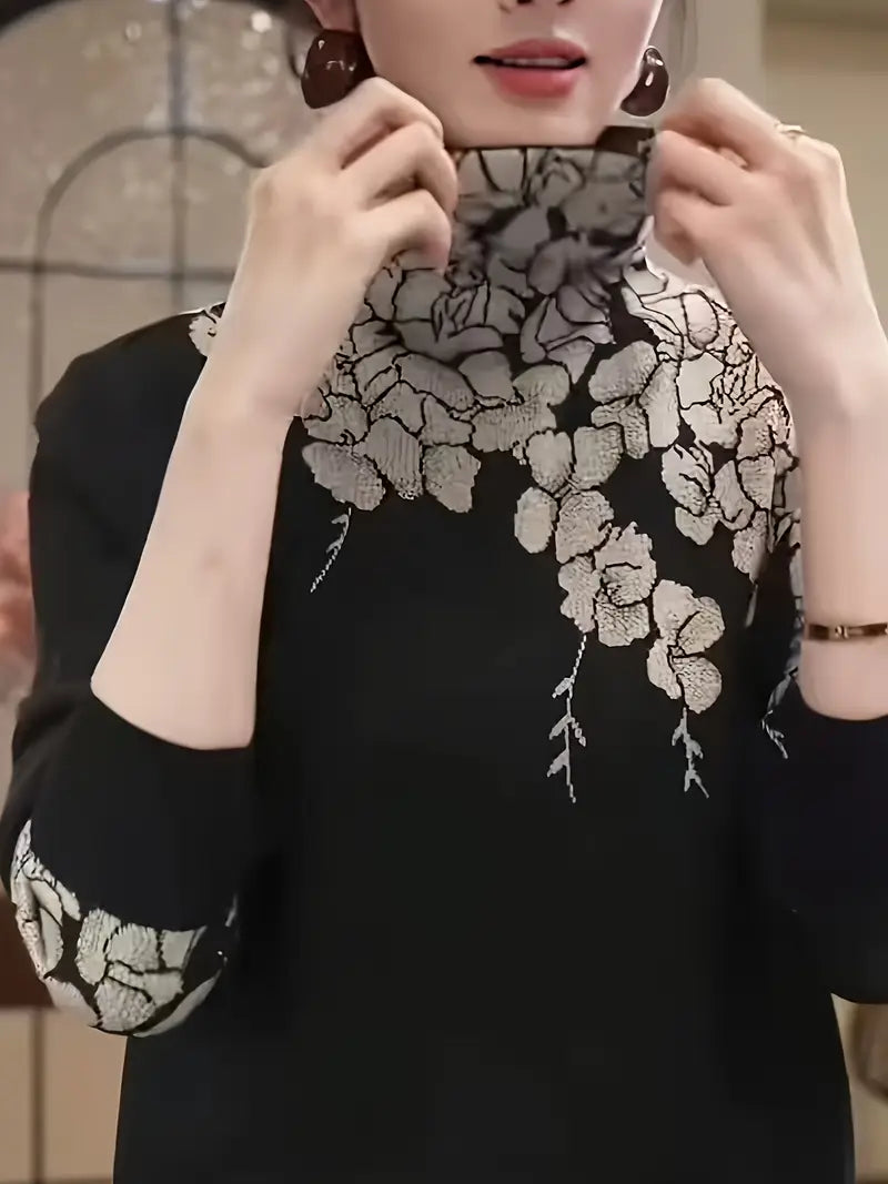 Flori – Elegante maglione a collo alto lavorato a maglia con motivo floreale