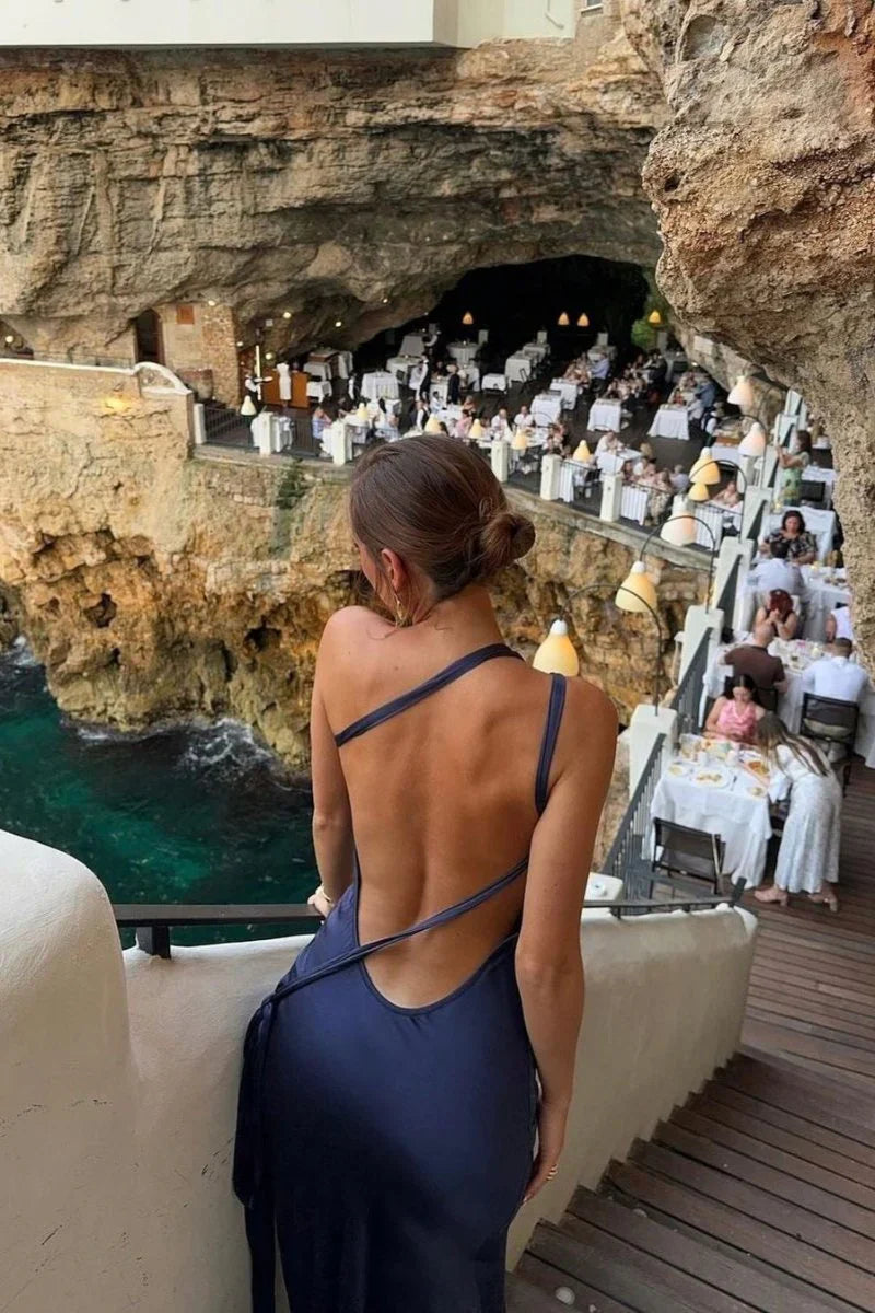 Druscilla – Maxi abito sexy in raso con scollatura sulla schiena