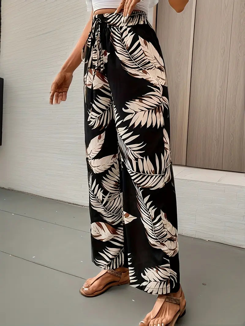 Denielle – Pantaloni eleganti a gamba larga con motivo a foglie