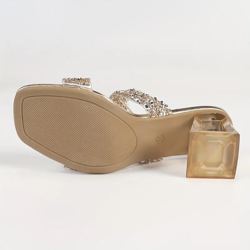 Melisette – Sandali con tacco a blocco trasparente e cinturini glitterati