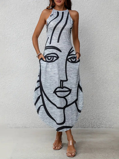 Zaria – Maxi abito senza maniche con stampa di volti astratti