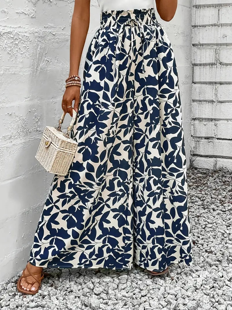 Ivy – Pantaloni larghi blu navy con motivo a foglie