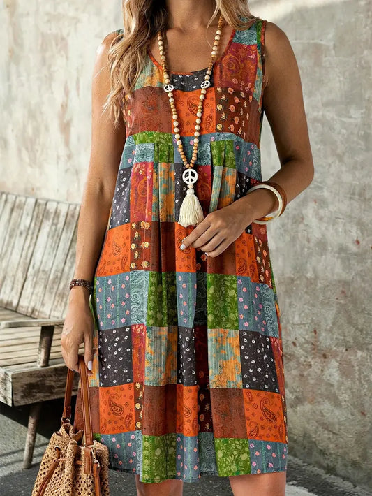 Lenivelle – Abito scampanato senza maniche patchwork Boho