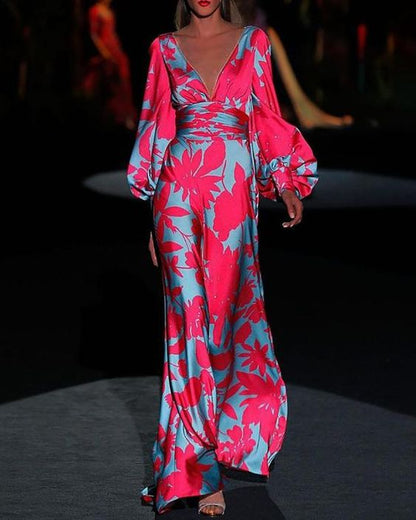 Mattea – Abito lungo in raso con stampa tropicale