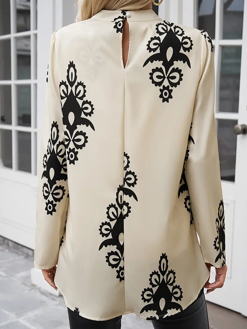 Veloria – Blusa chic e lunga a collo alto con stampa artistica