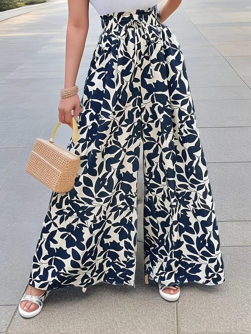 Sunniva – Pantaloni palazzo a gamba larga con stampa a foglie