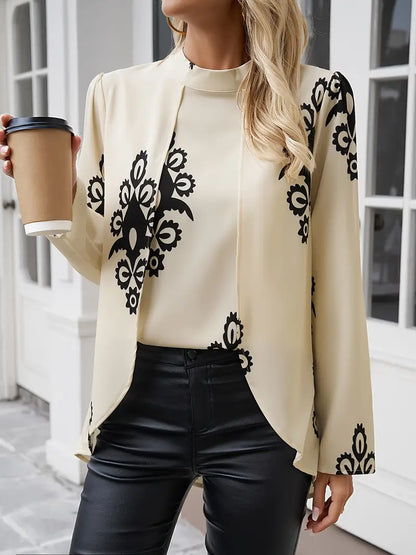 Veloria – Blusa chic e lunga a collo alto con stampa artistica