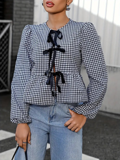 Liora - Camicetta vintage a quadri con maniche lunghe