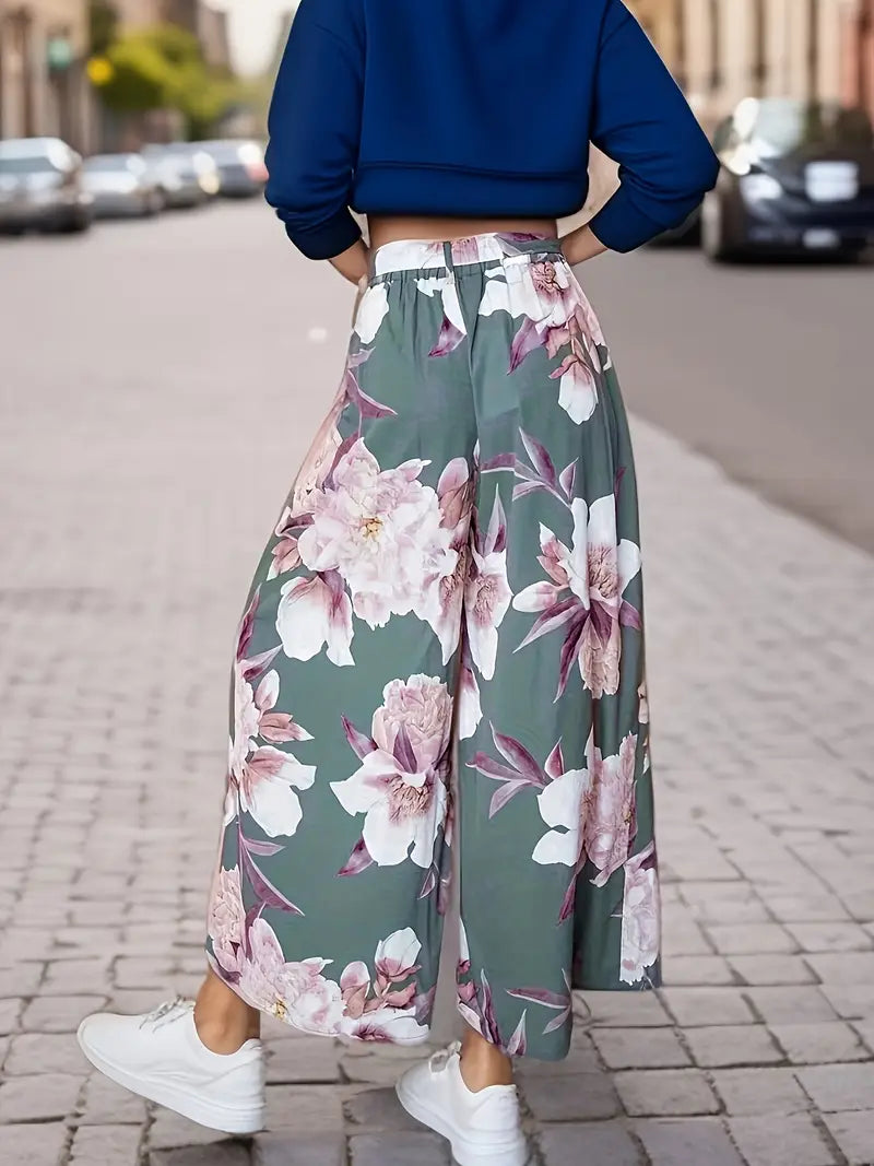 Aisling – Pantaloni palazzo a gamba larga con vita alta e stampa floreale e cintura annodabile