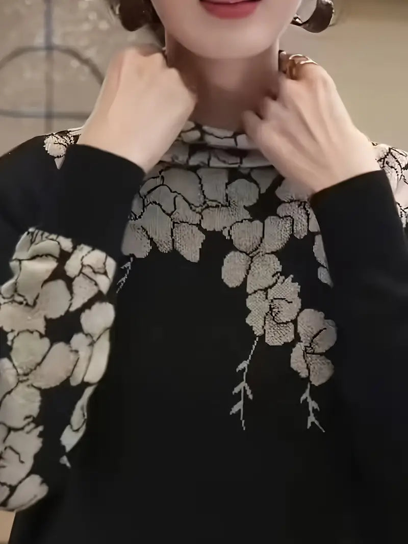 Flori – Elegante maglione a collo alto lavorato a maglia con motivo floreale