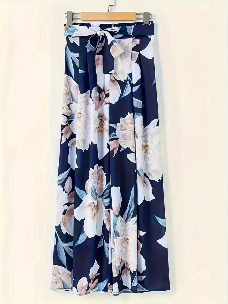 Aisling – Pantaloni palazzo a gamba larga con vita alta e stampa floreale e cintura annodabile