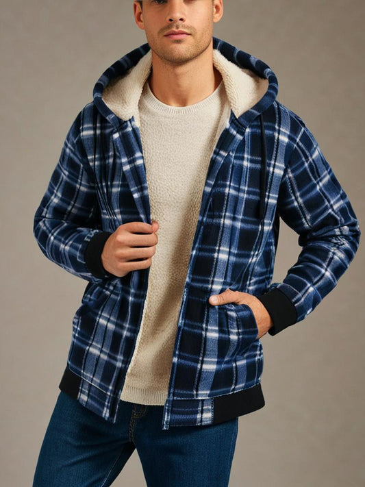 Levi - Giacca da uomo in pile a quadri con cappuccio